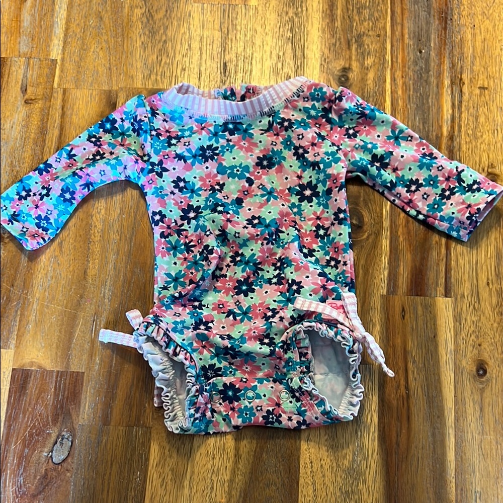 Ruffle Butts Pink and Blue Floral Kids Swim One Piece